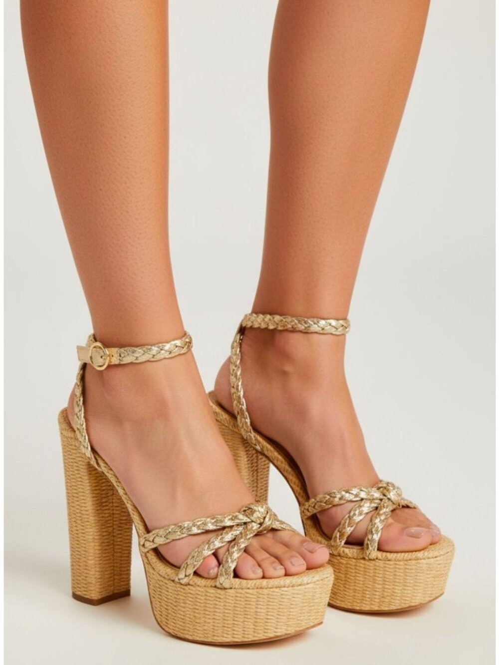 Braided Gold & Raffia Platform Heel Sandals With Ankle Strap Womens High Block H